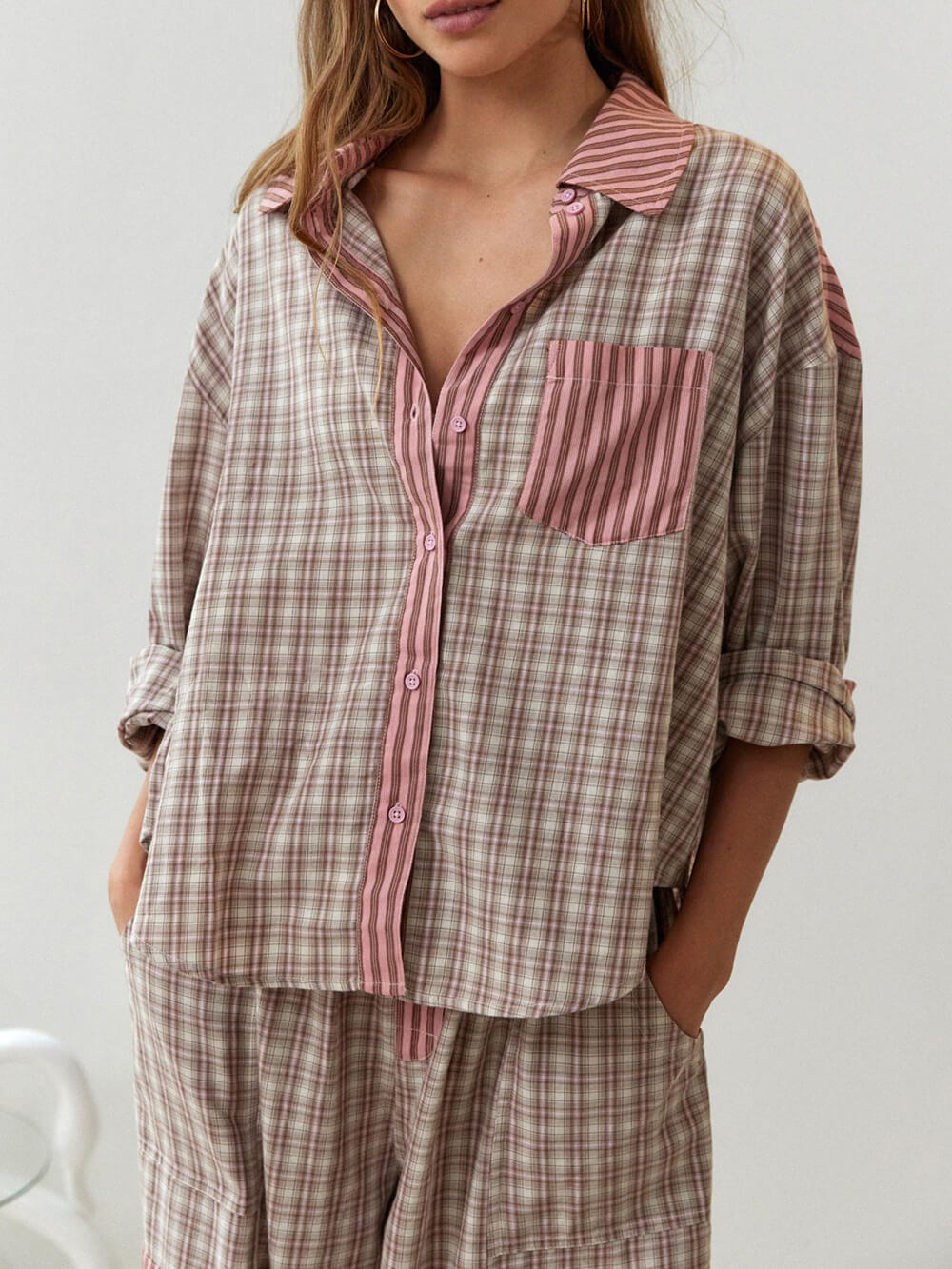 Dam Pyjamas Set Bekväm Bomull Matchande Topp och Byxor-2