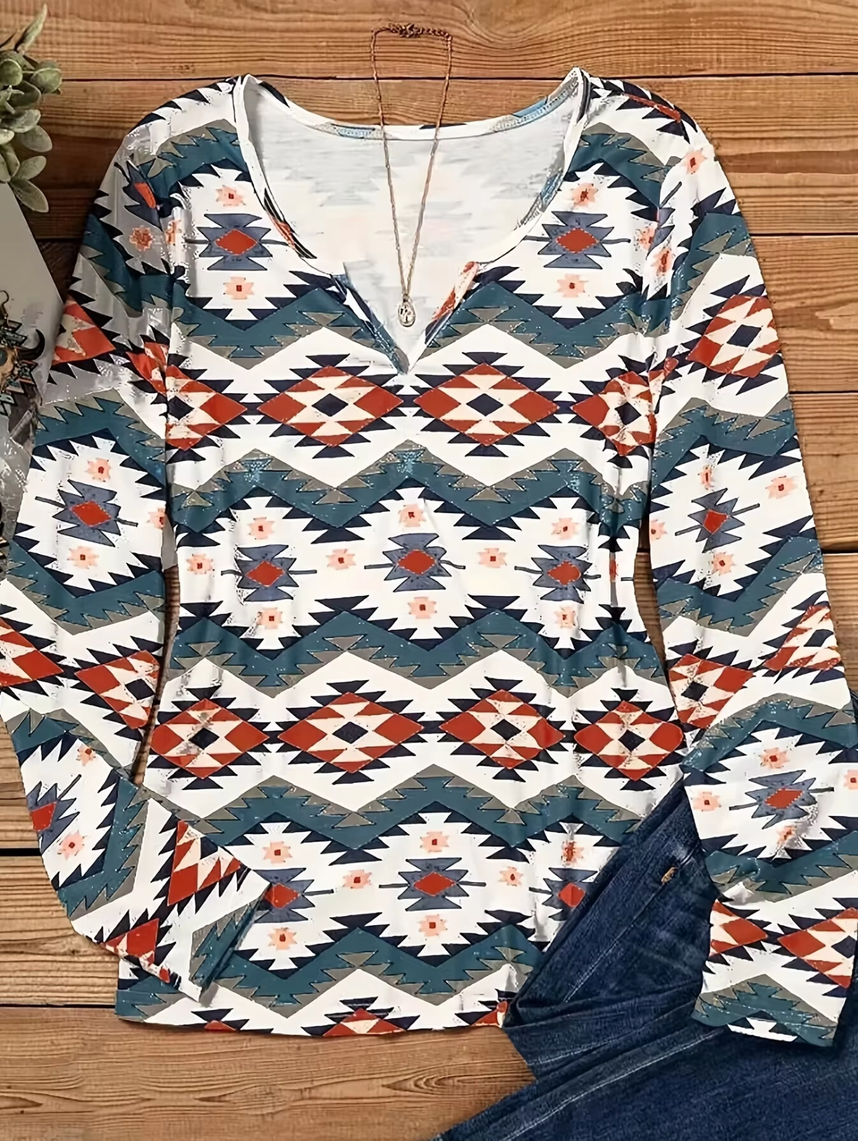 Dam Långärmad T-Shirt Geometriskt Tryck Bomull-2