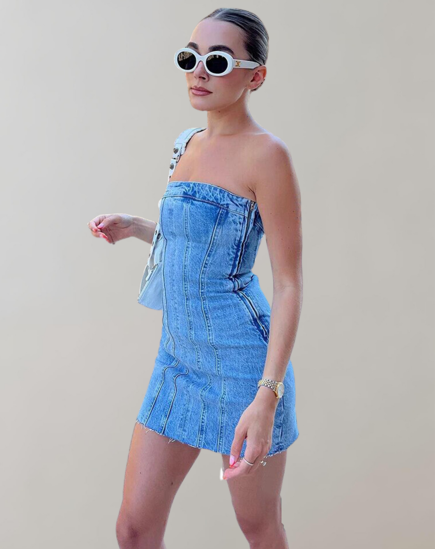 Dam Mini Klänning Skräddarsydd Denim Modern Stil-2