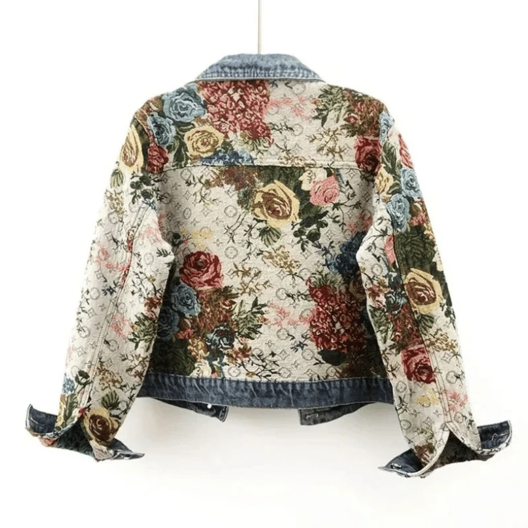 Blommönstrad Denimjacka för Kvinnor i Wolff-Fabric med Traditionell Krage och Praktiska Fickor 2