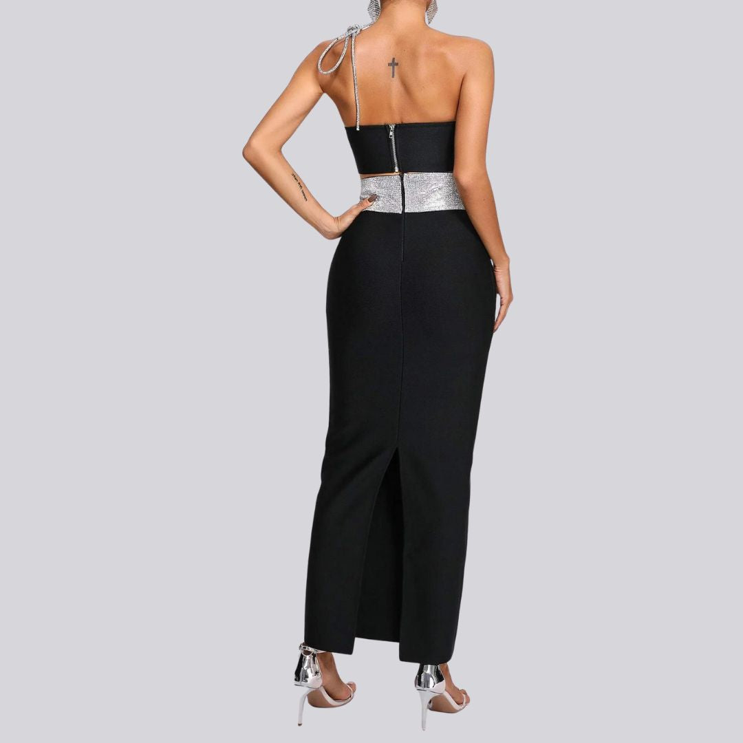 Dam Bandage Set Midi Kjol och Skördetopp i Stretchigt Material-5