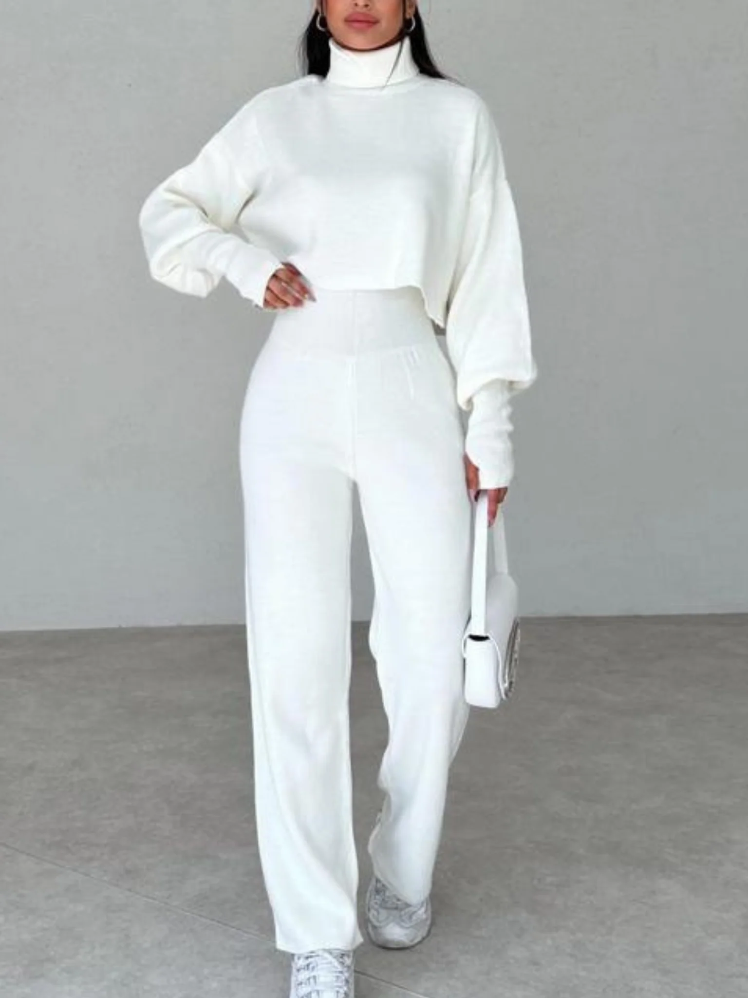 Dam Turtleneck Tröja och Byxor Set Mjuk Textil-2