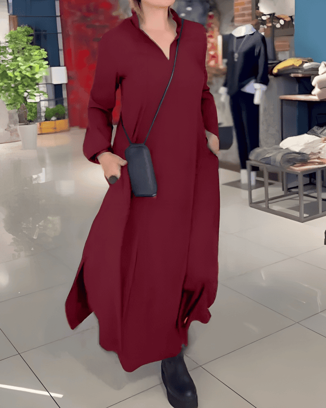 Dam Maxiklänning Långa Ärmar Sidospår Högkvalitativt Tyg-3