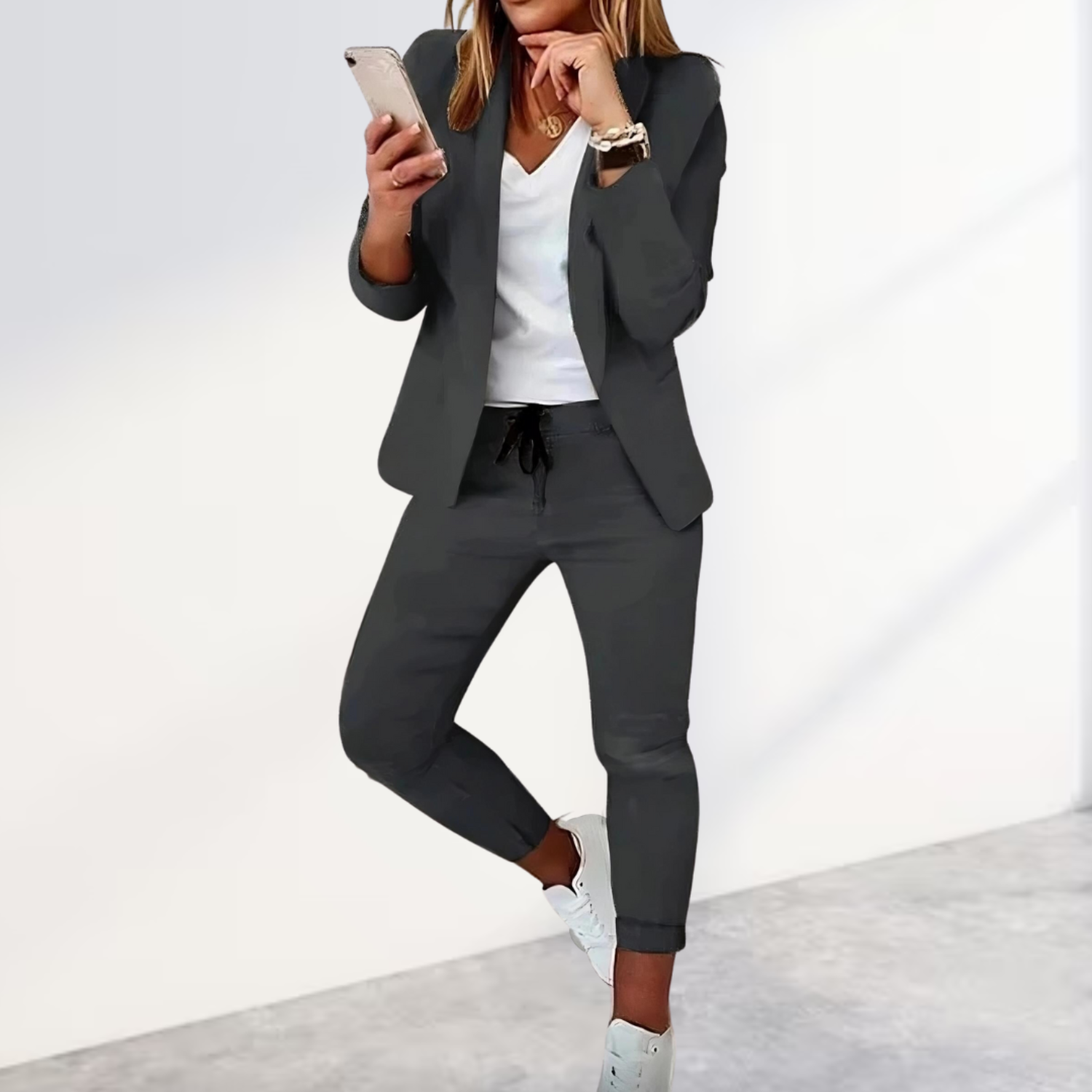 Kostym Set Dam Elegant Blandat Tyg Blazer och Byxor 7