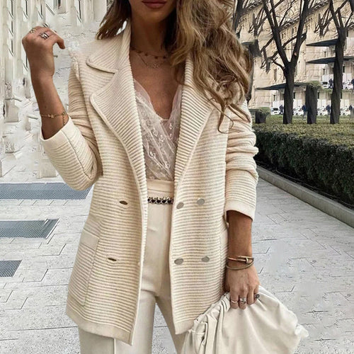 Dam Blazer Dubbel Tryckknappstängning Mjuk Stickad Kvalitet-1
