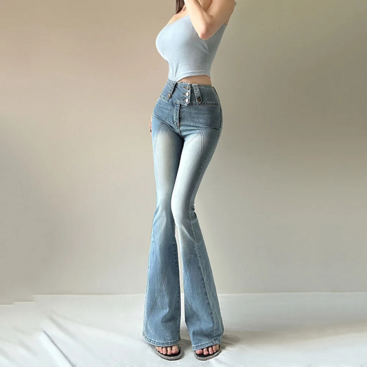 Dam Jeans Hög Midja Casual Schlagjeans i Mjuk Bomull-1