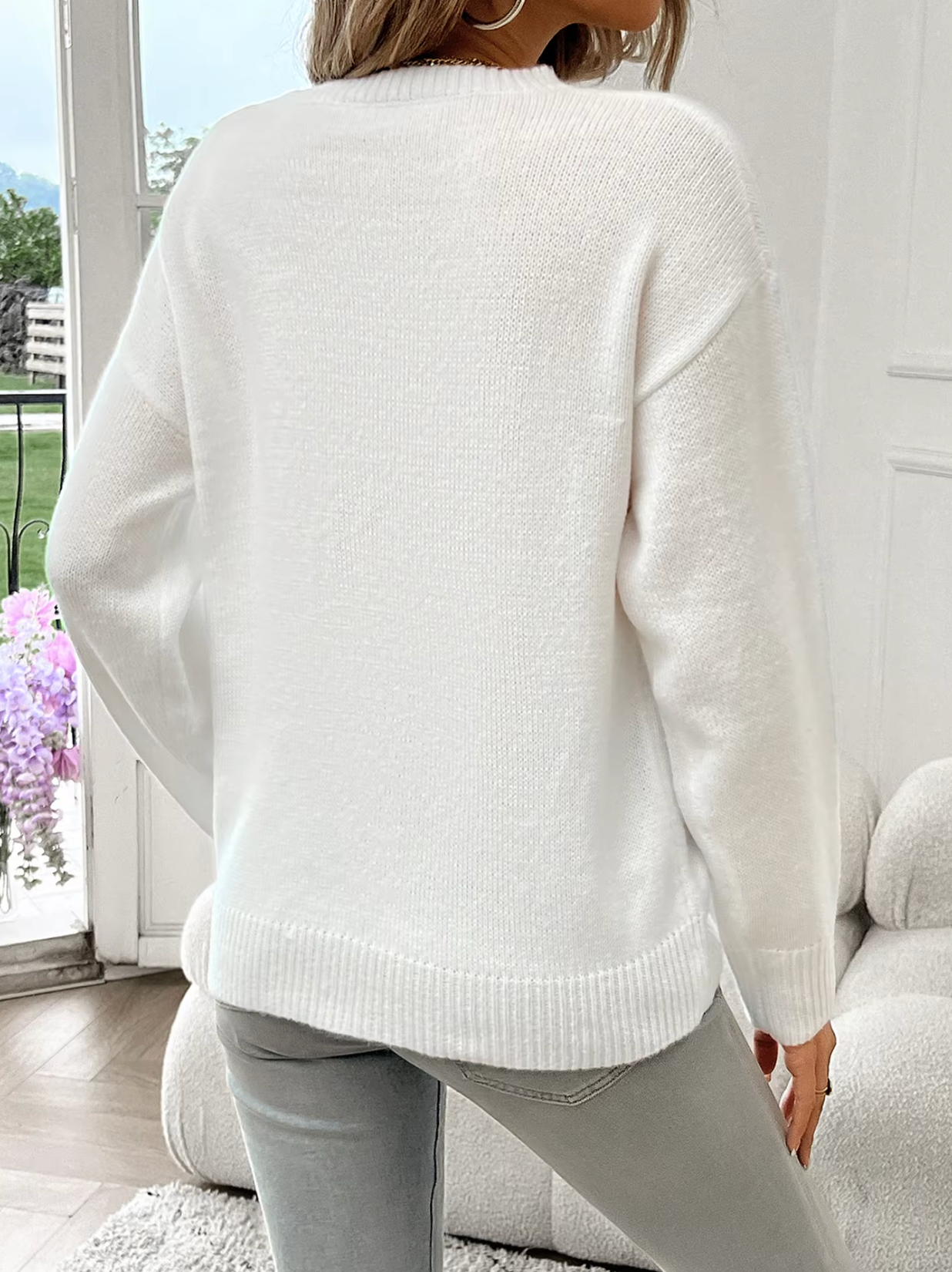 Dam Tröja Bred Passform Bomull Cirkulär Halsringning-6