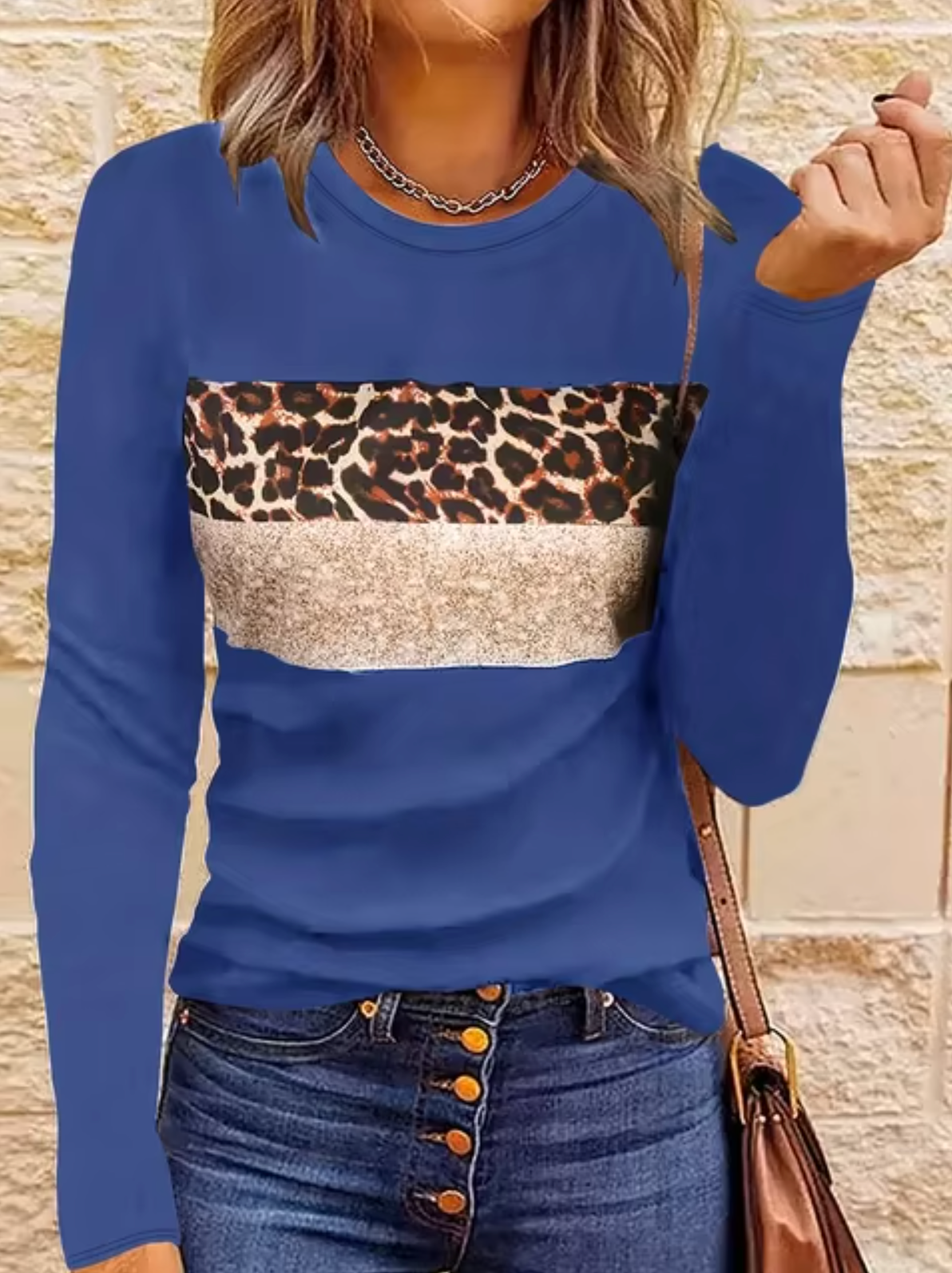 Dam Långärmad T Shirt Med Leopardmönster Mjuk Bomull-5