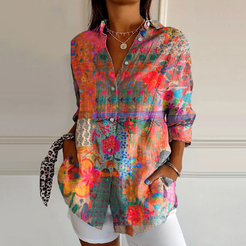 Dam Blommig Blus Vintage Lätt Material-1