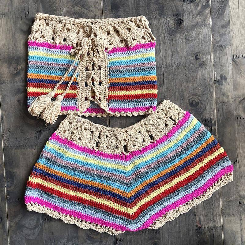 Randig Bandeau Bikini för Dam med Elastisk Midja – Badkläder i Bomull och Polyester, Enhetsstorlek 8