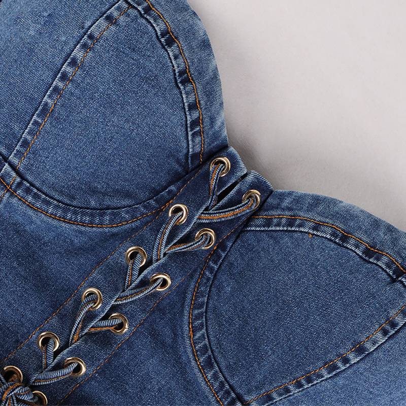 Dam Bustier Kort Denim med Spetsdetaljer-6