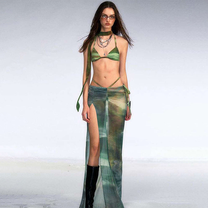 Dam Triangulär Bikini Mönstrad Nylon med Halsduk-1