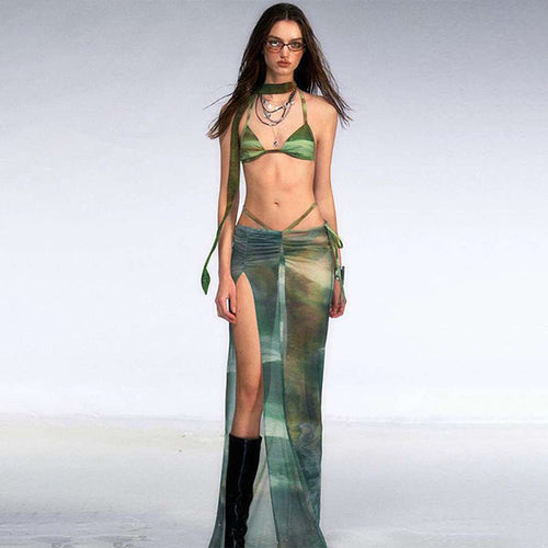 Dam Triangulär Bikini Mönstrad Nylon med Halsduk-1