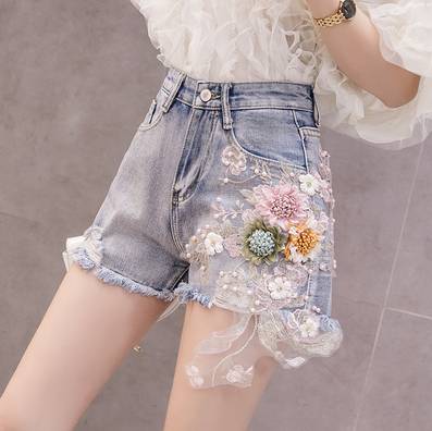 Variant image for Dam Jeansshorts Hög Midja Blommig Dekoration Bomull-2