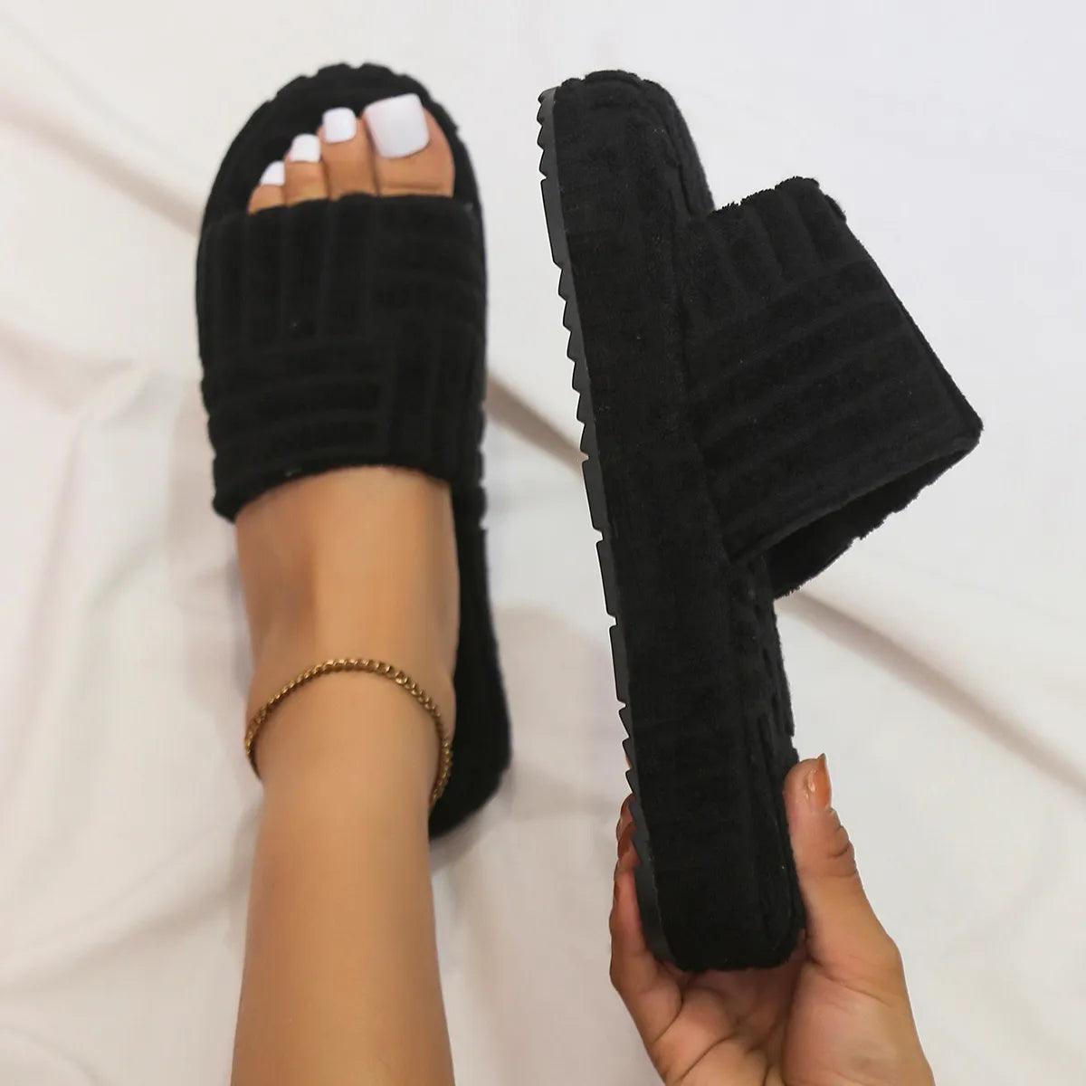 Unisex Tofflor Platt Sula Gummi Plysch för Optimal Komfort-4