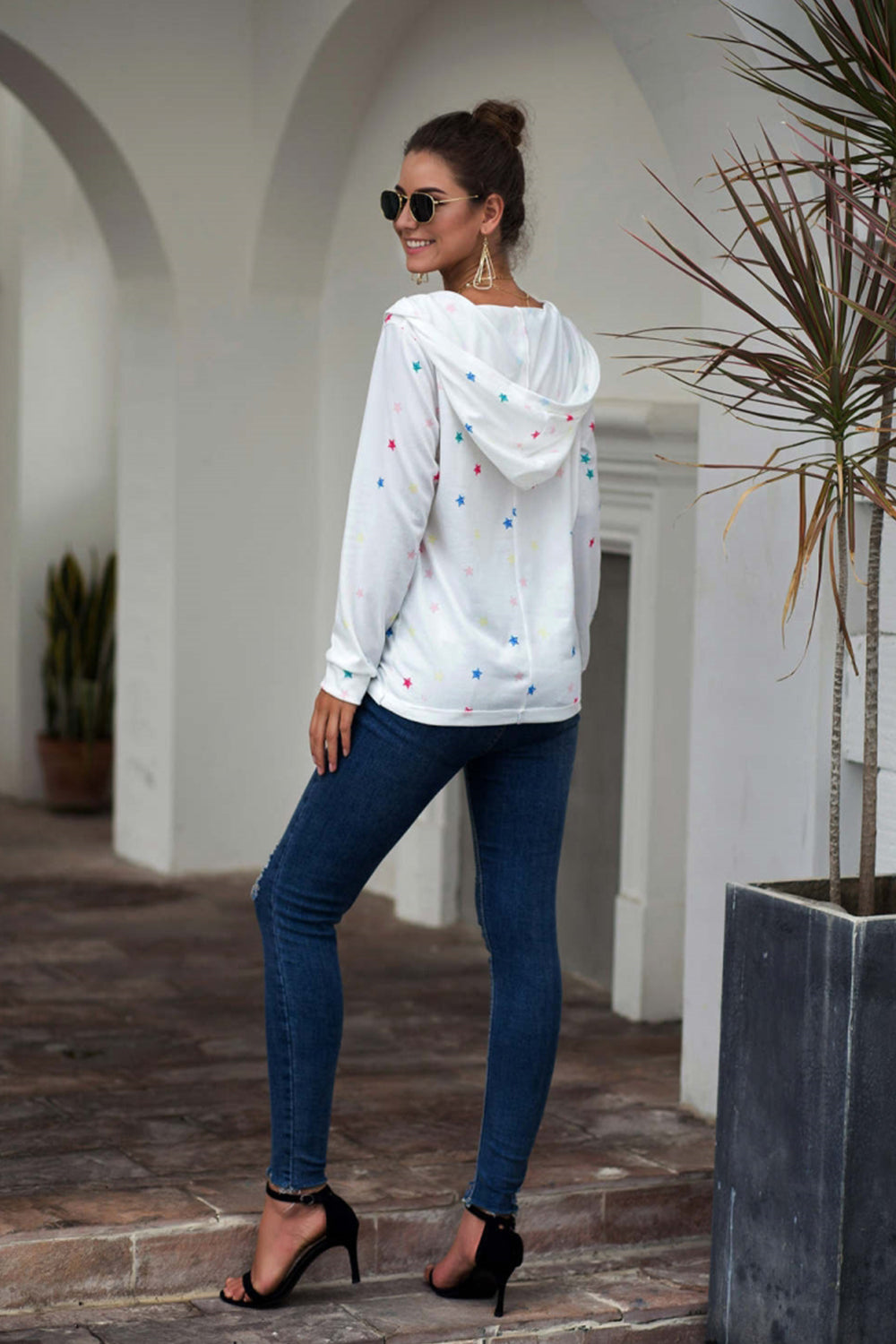 Dam Huvtröja Mönstrad Polyester med Kängurufickor och Långa Ärmar 4