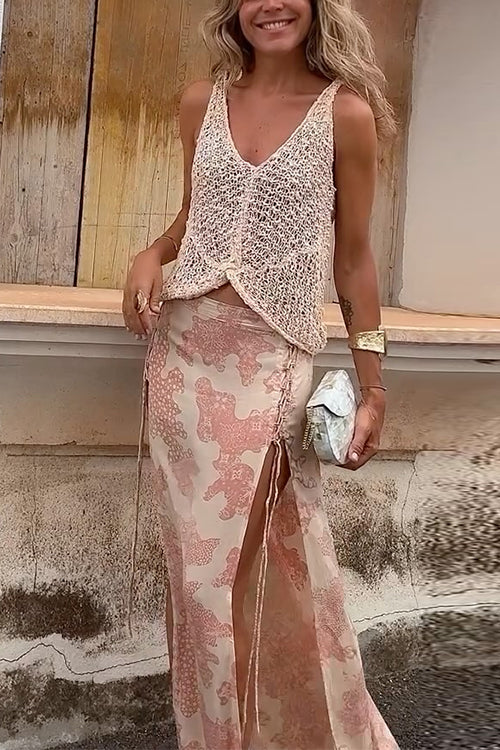 Dam Virkad Ärmös Topp V-ringad Bomull Polyester-5