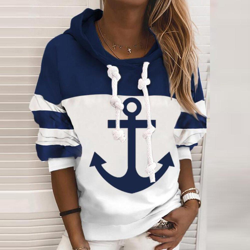 Lång Hoodie Dam Färgblock Marin Mjuk Bomull-1