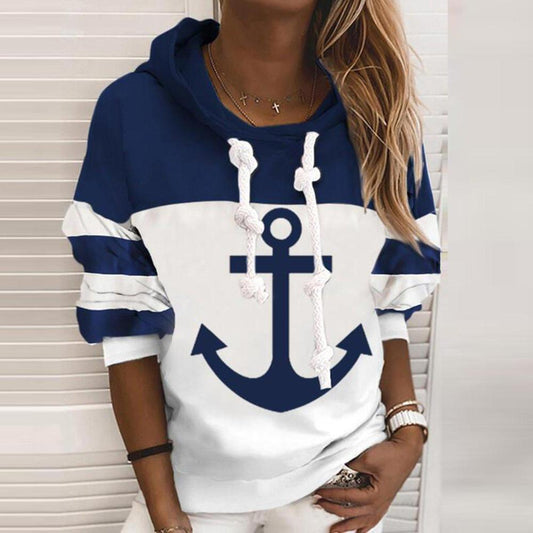 Lång Hoodie Dam Färgblock Marin Mjuk Bomull-1