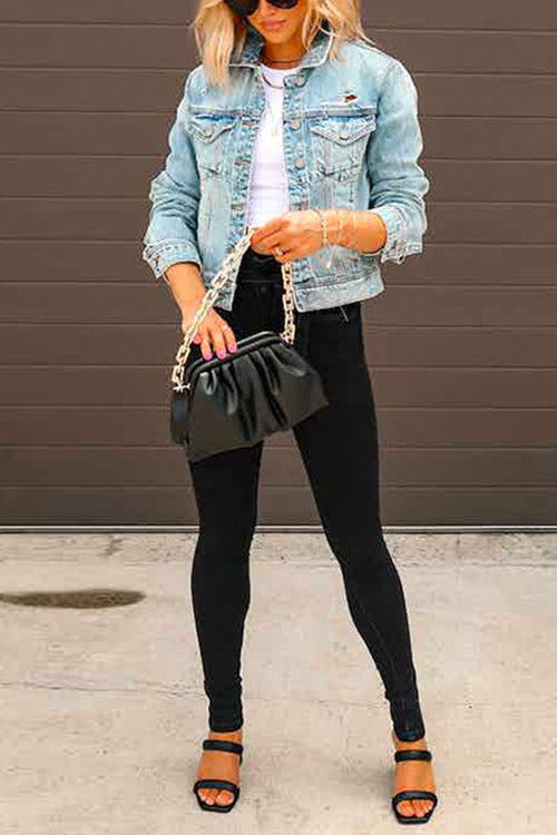 Dam Kort Denimjacka Rivna Detaljer Bomull Polyester-2