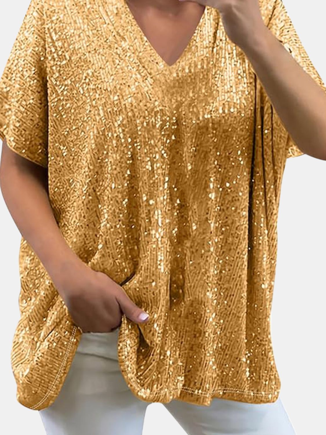 Kortärmad Blus Dam V-ringning med Paljetter i Polyester-6