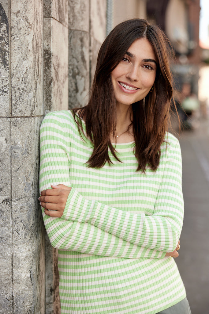 Dam Tröja Cirkulär Halsringning Lång Ärmar Viskos Nylon Ränder-6