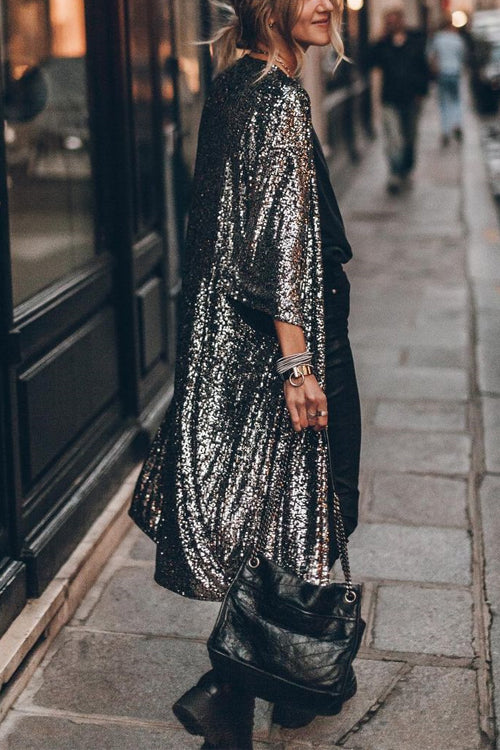 Dam Midi Cardigan Paljetter 3/4 Ărmar Ăppen Front Polyester-1