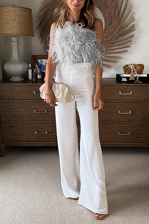 Festtoppar Dam Stropplös Topp med Fjäderdetaljer i Konstgjorda Fjädrar-6