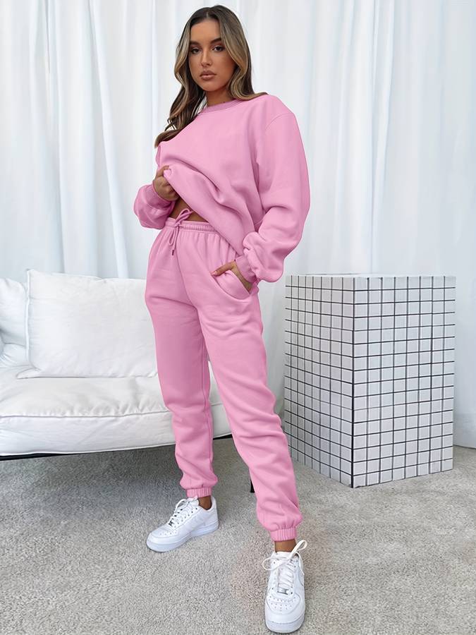 Tvådelat Jogging Set för Dam, Överdimensionerad Polyester, Långärmad Tröja och Medelhöga Byxor 9