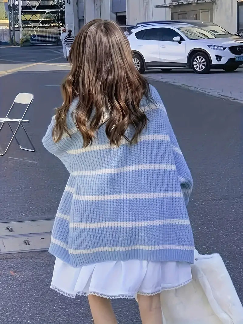 Kvinnors Stickad Kofta Randig Mjuk-2