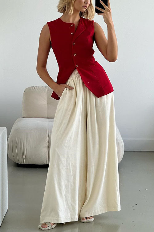 Dam Linnebyxor Palazzo med Elastisk Midjeband i Bomull-3