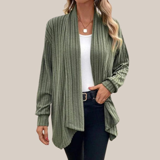 Dam Ribbad Kofta Ăppen Front Mjuk Stickad-1