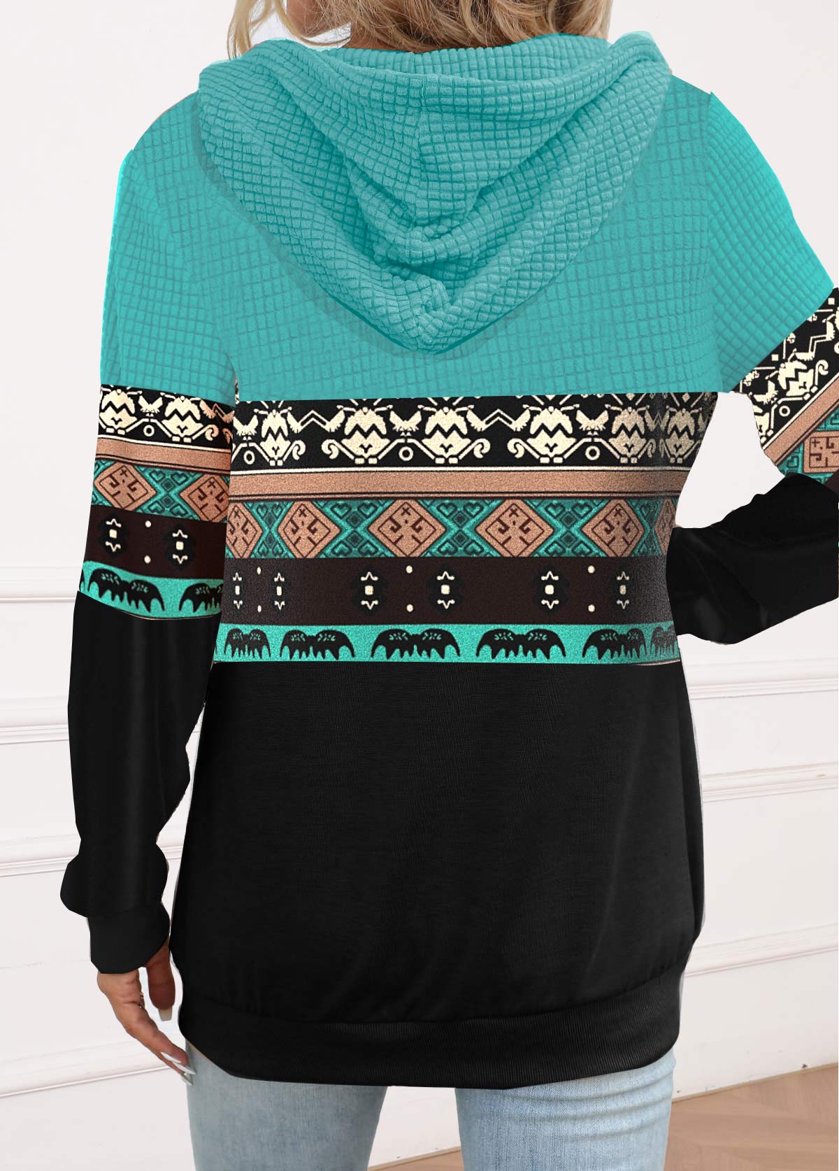 Lång Hoodie Dam Med Stamplattor i Påfågelblå Mjuk Tyg-3