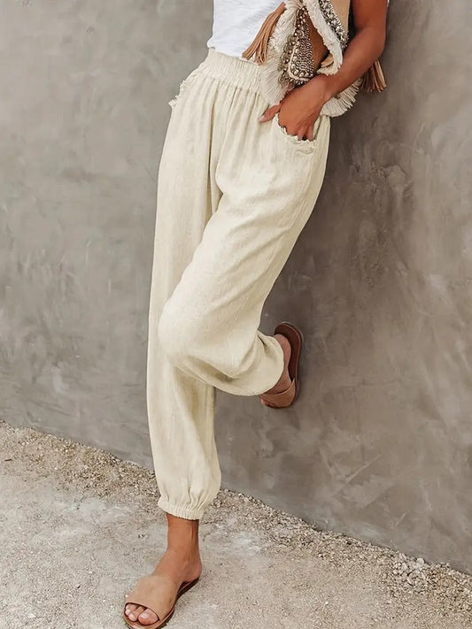 Dam Linnebyxor Hög Midja Mjuk Polyester-1