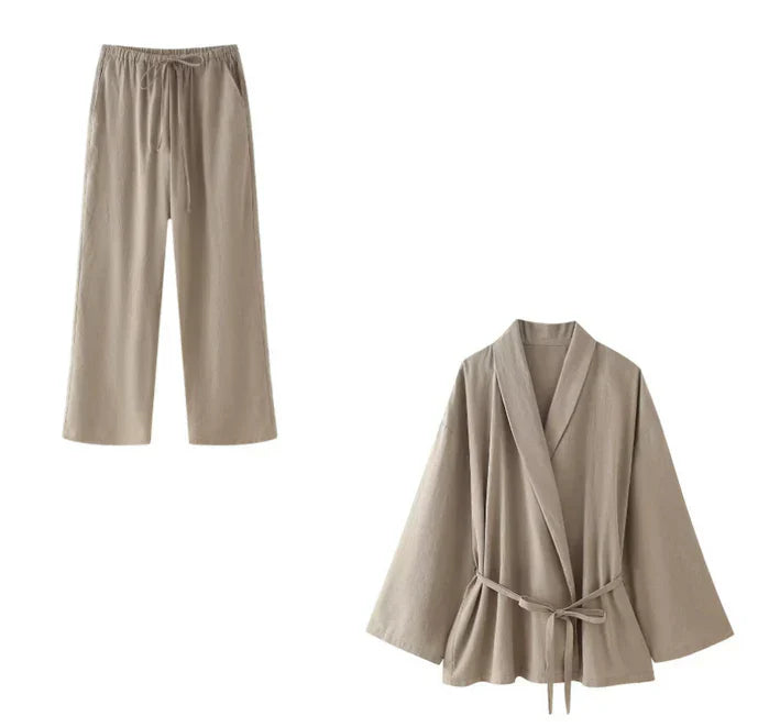 Dam Kimono Set med Avslappnad Passform och Breda Ärmar – Lätt Material, Hög Midja Byxor 14