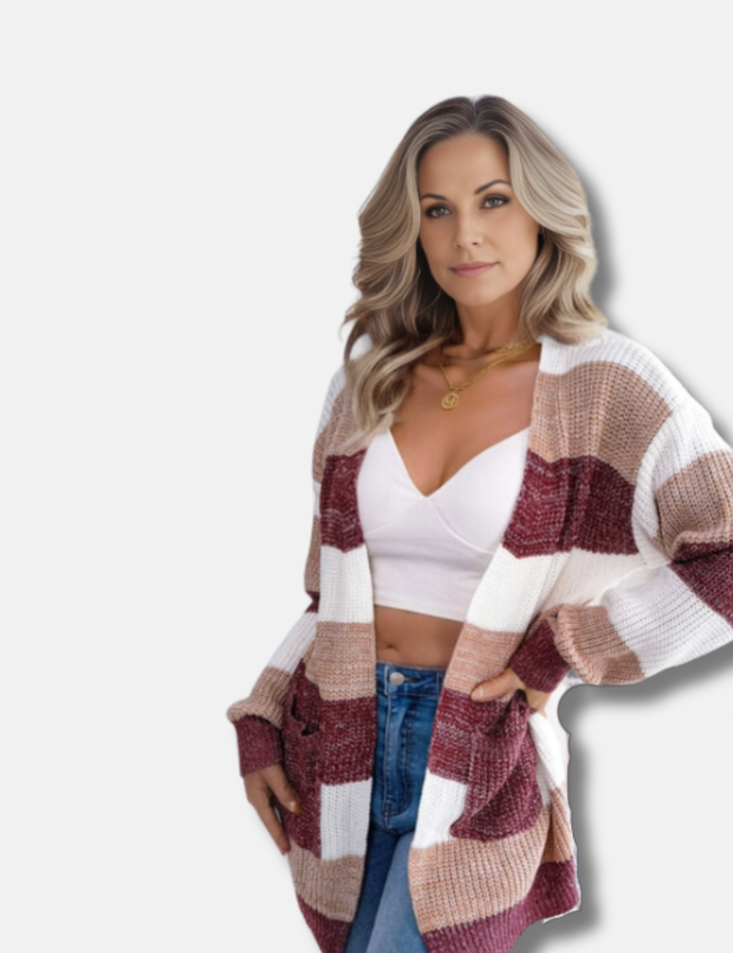 Variant image for Dam Lång Väst Randig Stickad Akryl-7