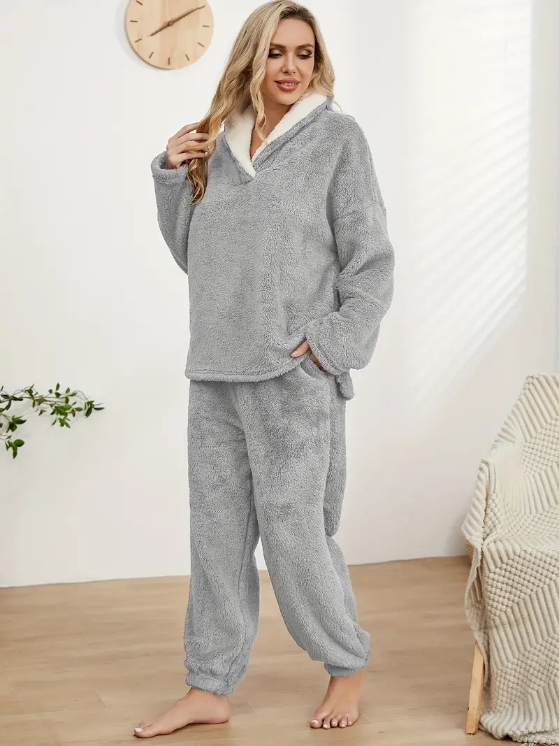 Dam Loungewear Set V-Ringad Thermoflanell Avslappnad Passform 9