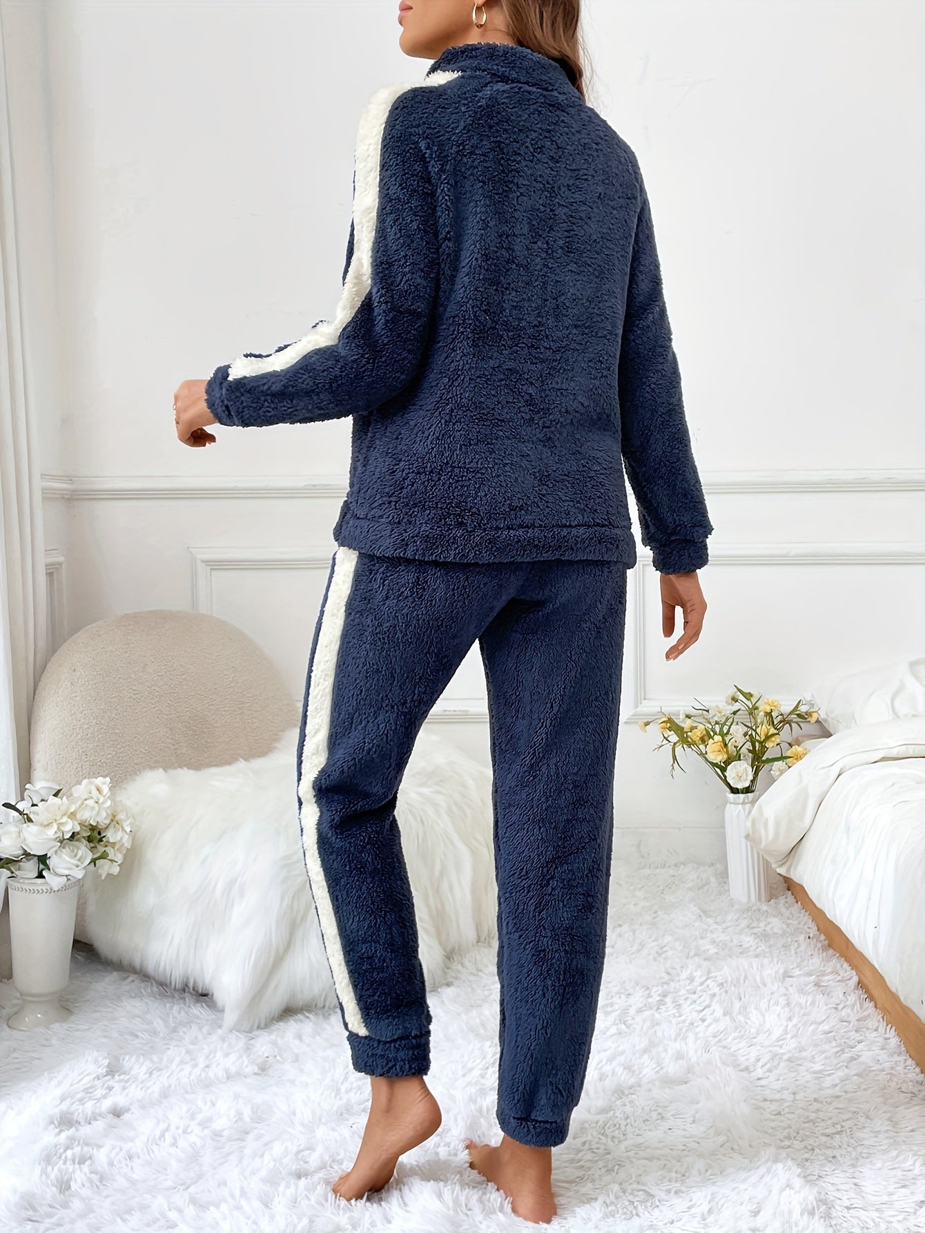 Dam Pyjamas Set Plysch Lång Zip Topp och Byxor-4