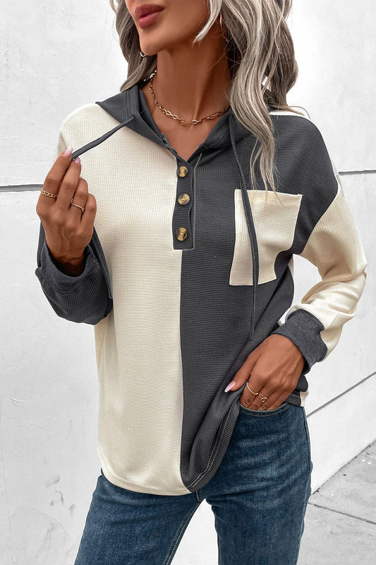 Dam Hoodie Våffelstruktur Knappdetalj 100% Bomull-1