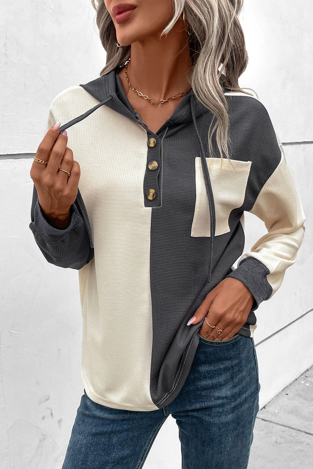 Dam Hoodie Våffelstruktur Knappdetalj 100% Bomull-2