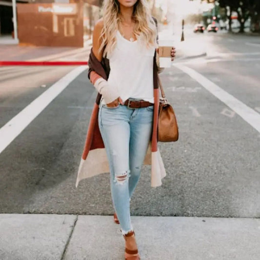 Dam Cardigan Färgblockad Öppen Front Mjuk Stickad Kvalitet-1