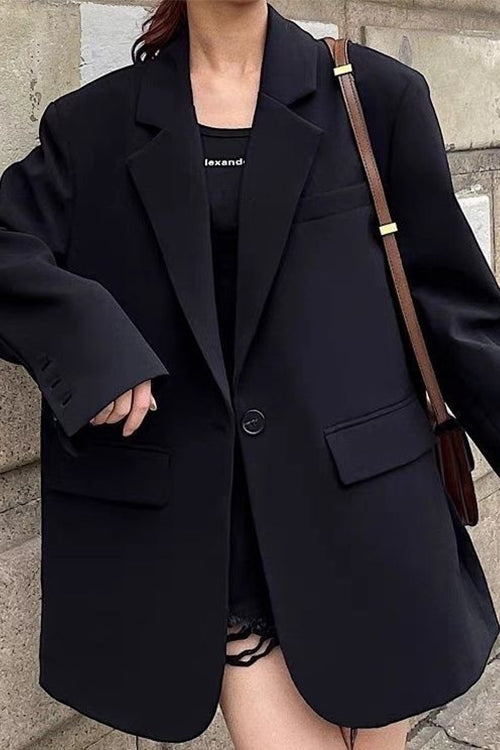 Dam Blazer Överdimensionerad med En Knapp och Fickor i Bomull och Polyester-3