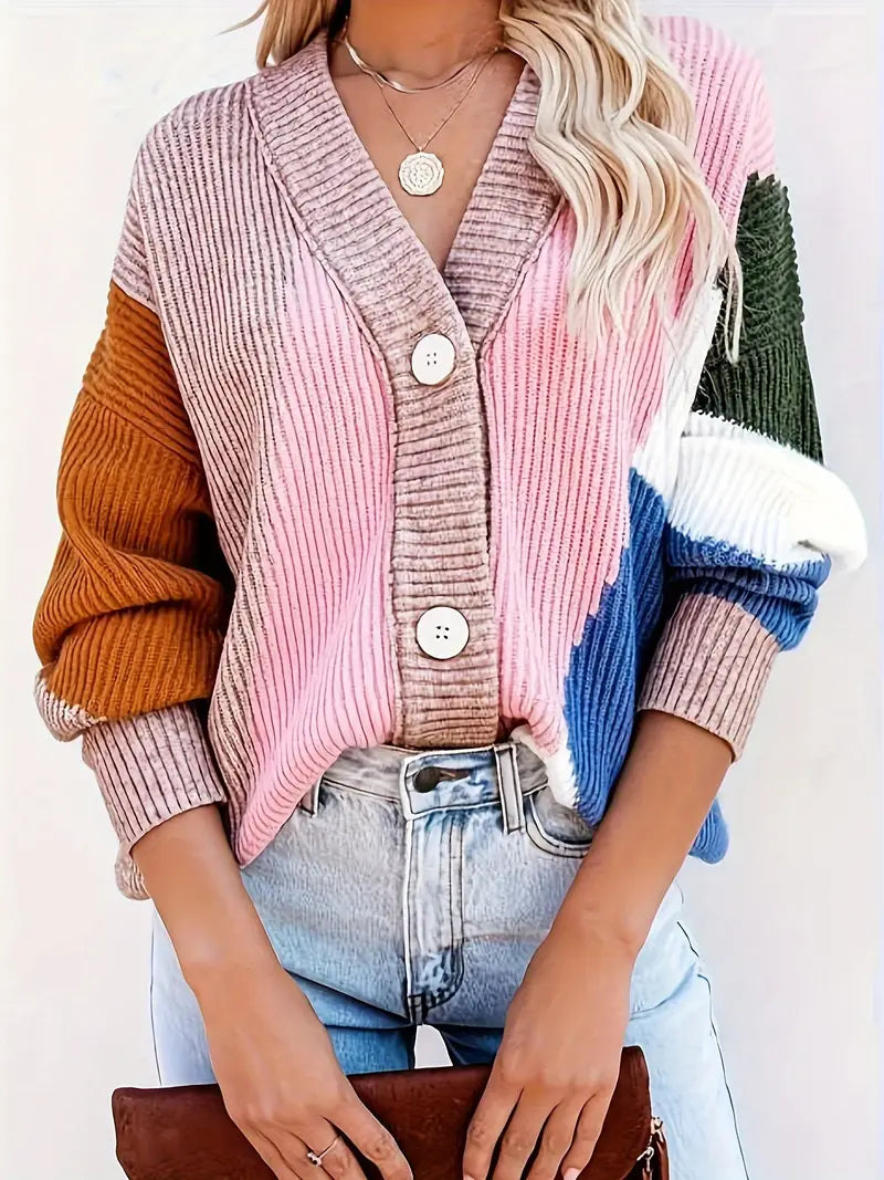 Variant image for Dam Cardigan Färgblock V-Neck Mjuk Stickad Kvalitet-1