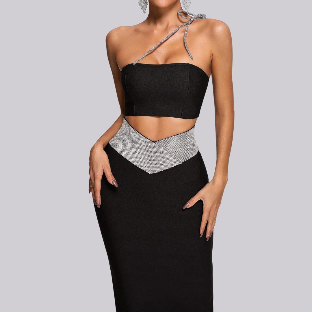 Dam Bandage Set Midi Kjol och Skördetopp i Stretchigt Material-3