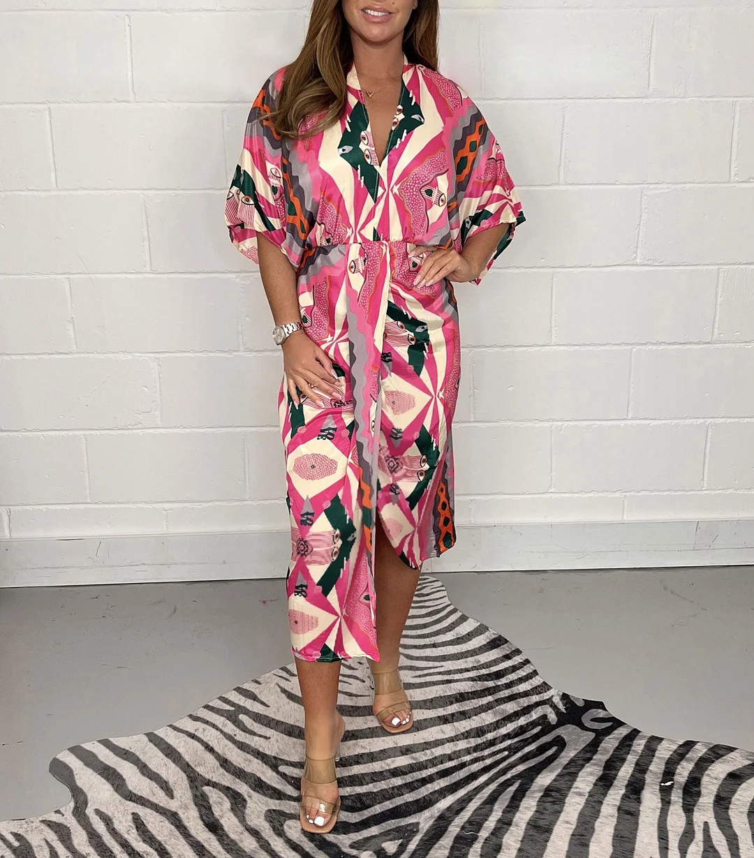 Dam Kimono Elegant Lättviktsmaterial med V-hals och Kimonoärmar-3