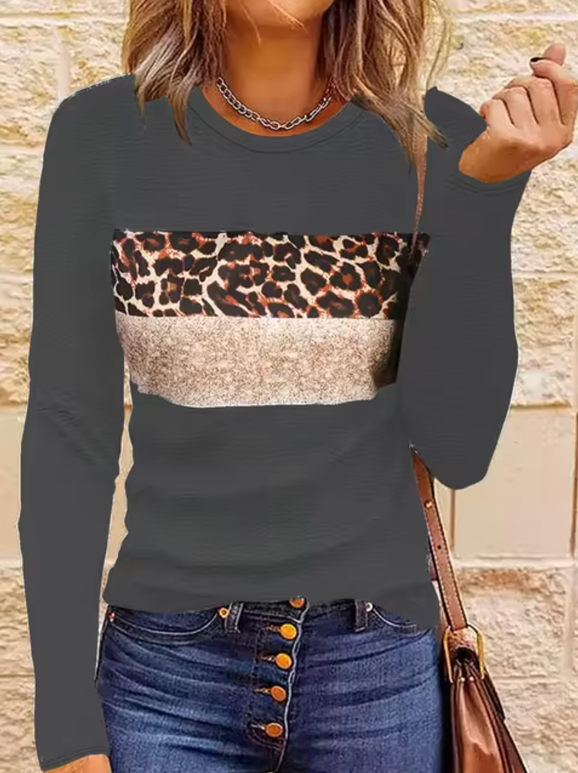Dam Långärmad T Shirt Med Leopardmönster Mjuk Bomull-2