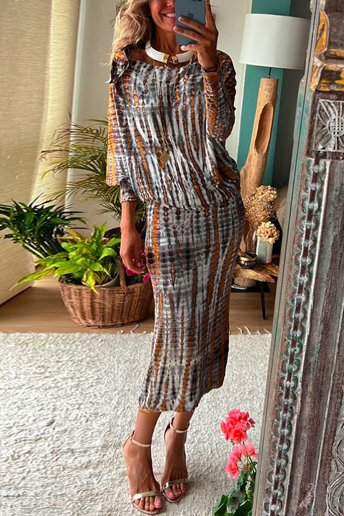 Dam Midi Klänning Batwing-Ärmar Batik Mjuk Bomull Polyester-3