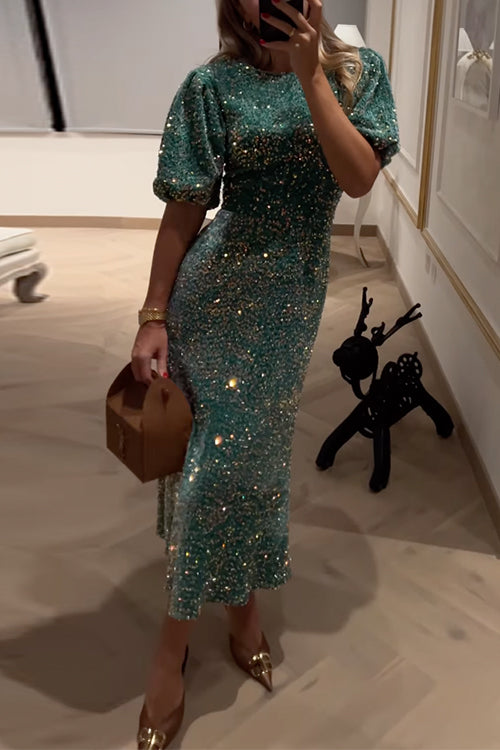 Festklänning Dam MIDI med Paljetter och Puffärmar i Bomull och Polyester-3