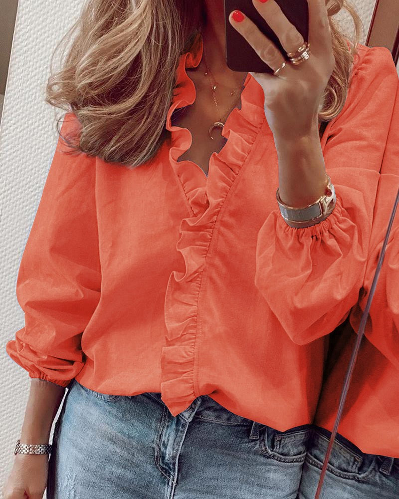 Dam Blus med Puffärmar och Ruffle Detaljer i Polyester-4