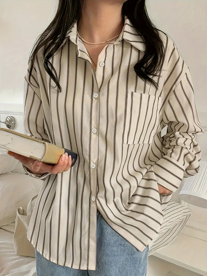 Kvinnors Skjorta Randig Knappstängning Mjukt Tyg-2